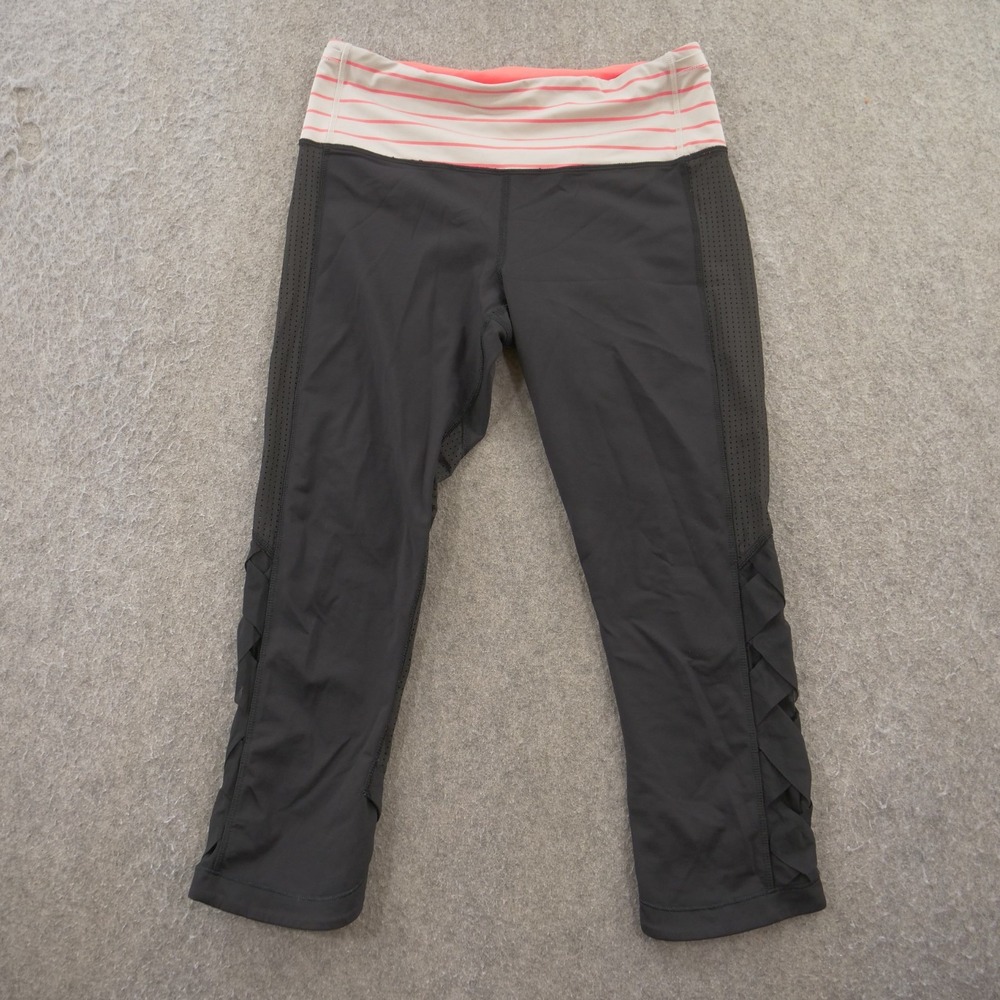 lululemon athletica Black Capri Leggings with Pink/White Striped Waistband